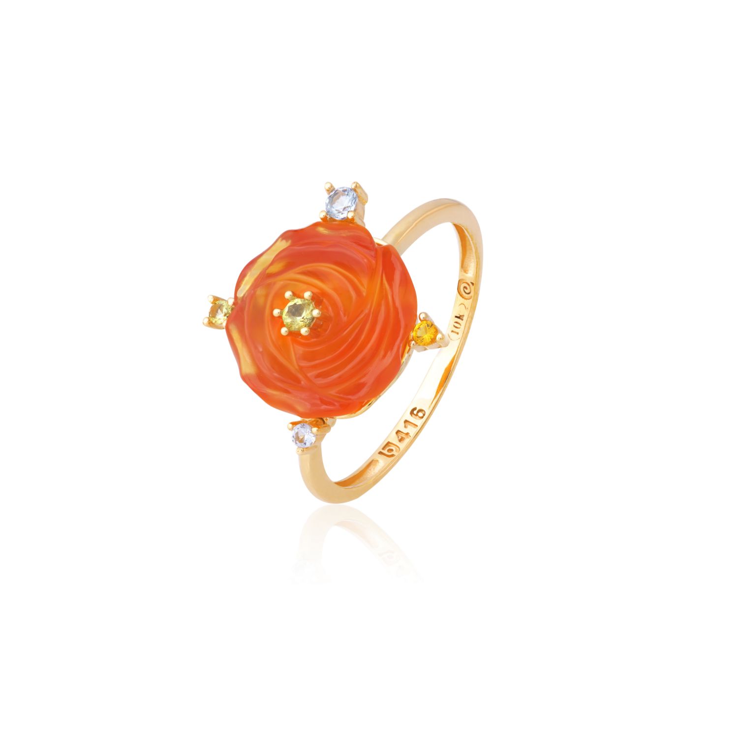 ANEL OURO AMARELO 10K FLOR CAL. LARANJA COM CIT. ECO PERID. ECO TOP.AZUL ECO