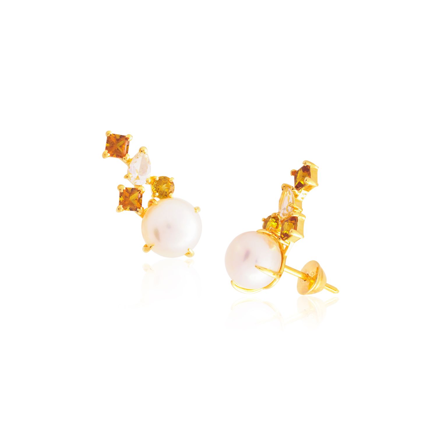 BRINCO OURO AMARELO 18K COM TOP. BRANCO PEROLA BOTÃO BRANCA E CITRINO