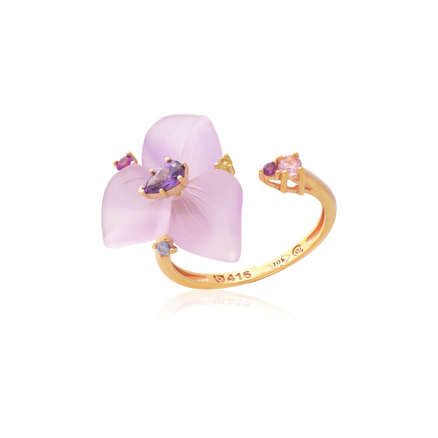 ANEL OURO AMARELO 10K FLOR AMETISTA COM SAF.ROSA ECO PERID.ECO TOP. AZUL ECO AMET. ECO