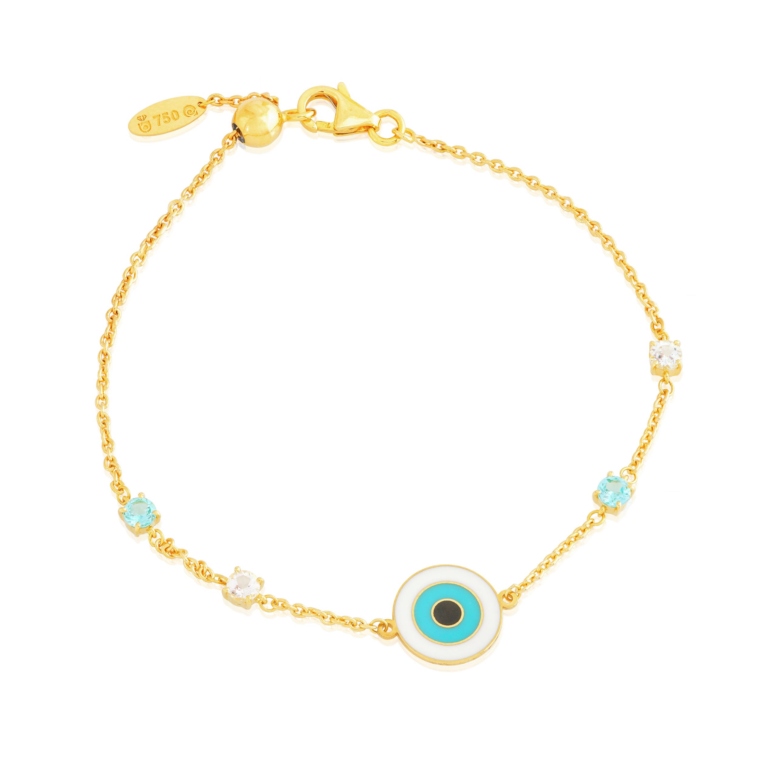 PULSEIRA OLHO GREGO REDONDO OURO AMARELO 18K PIGMENTO BRANCO AZUL PRETO COM TOP. BRANCO TOP. AZUL