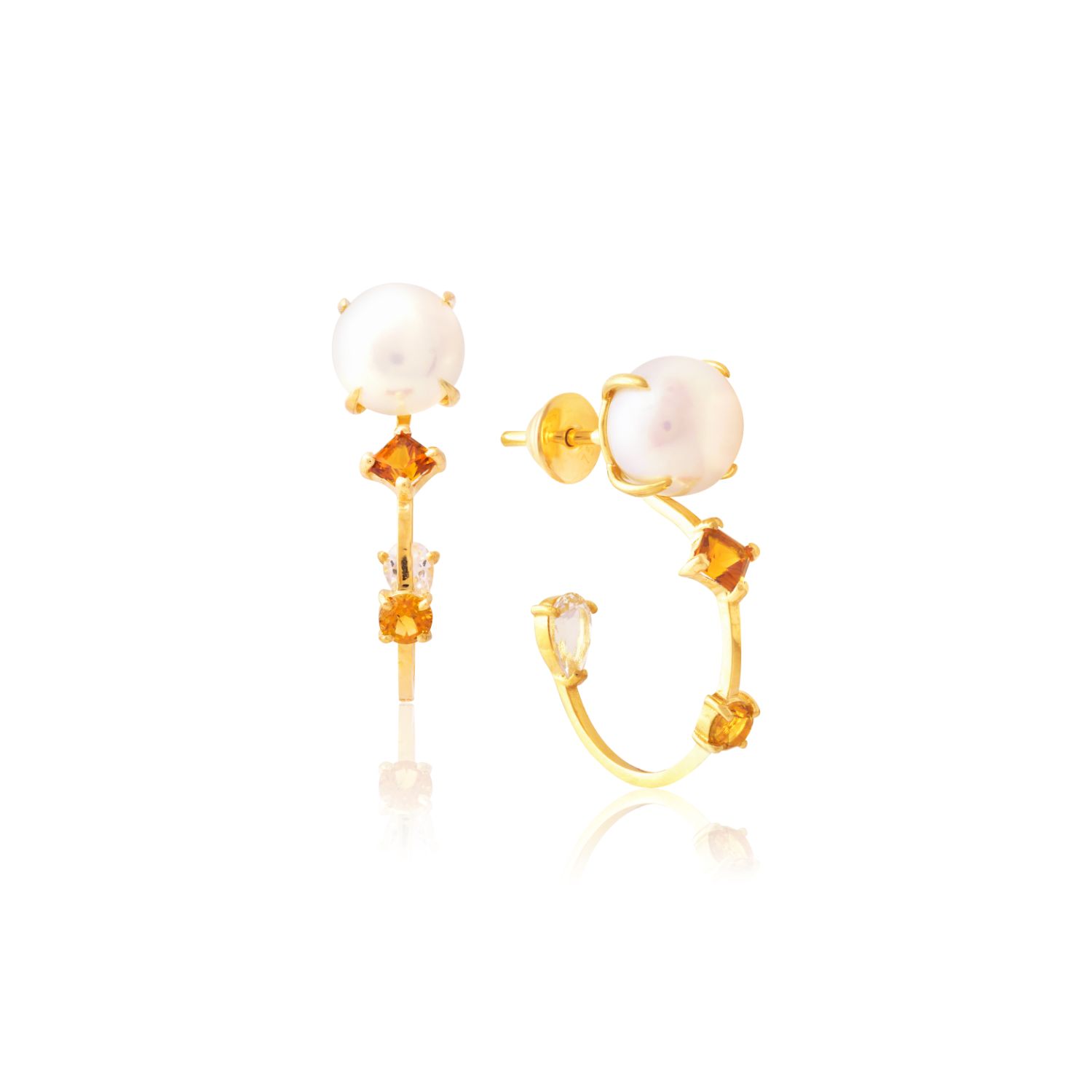BRINCO OURO AMARELO 18K COM TOP. BRANCO PEROLA BOTÃO BOTÃO E CITRINO